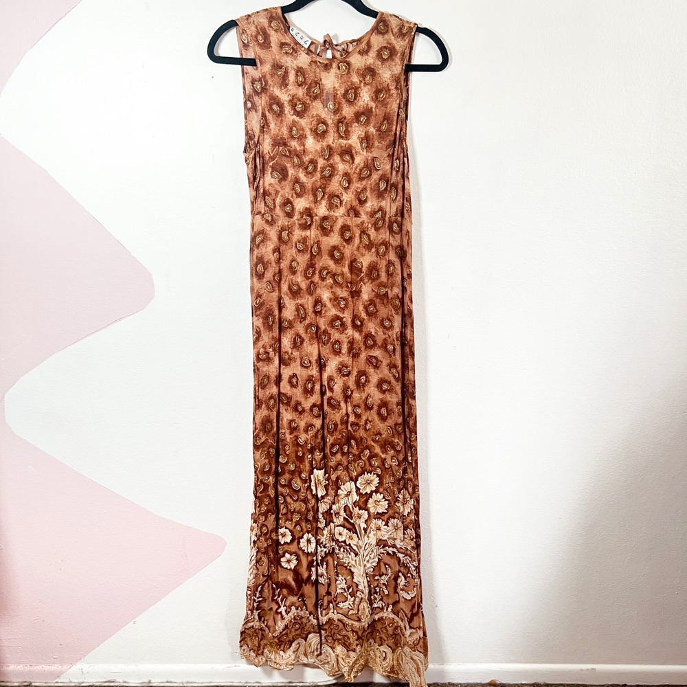 Vtg 1990s Brown Paisley Floral Maxi Dress Size Small Sheer Fairy Grunge Boho